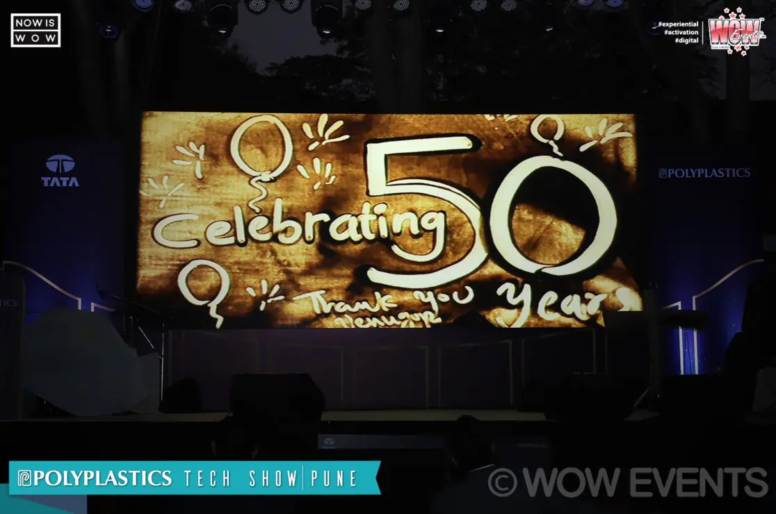 Celebrating 50 years screen at the Polyplastics tech show
