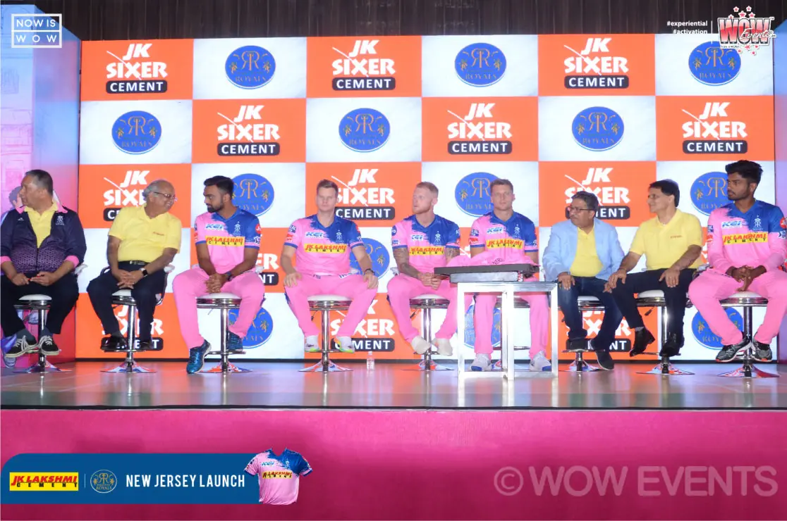 Players seated on stage at the Rajasthan Royals jersey launch