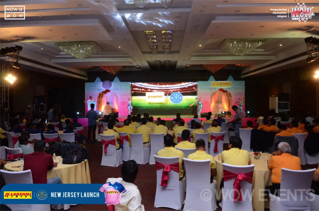 Hall set with tables for the Rajasthan Royals jersey launch