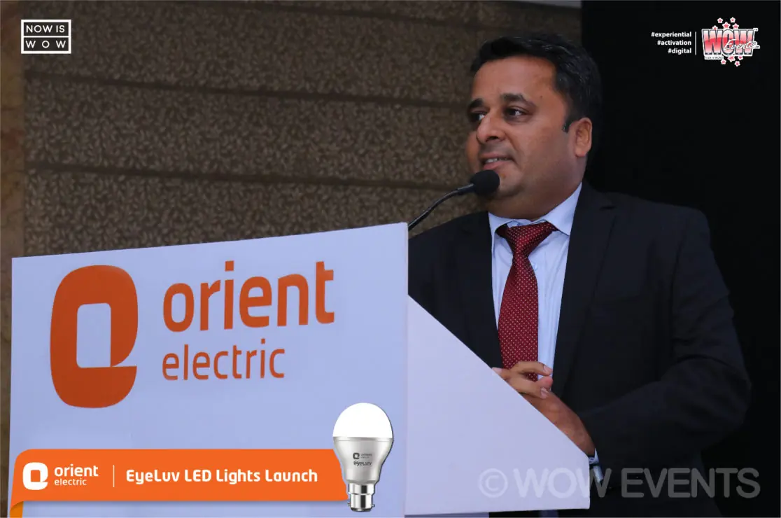 Orient Electric EyeLuv LED lights launch speaker at podium