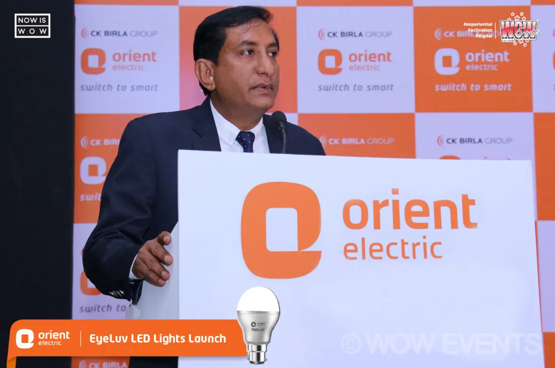 Orient Electric EyeLuv LED lights launch speaker at podium