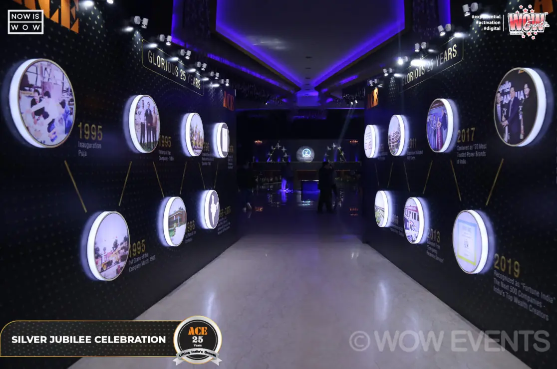 Dark display corridor with illuminated circular panels