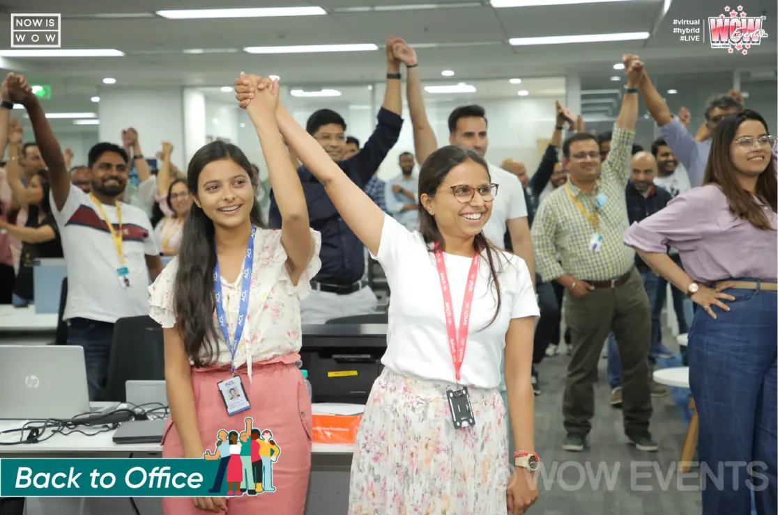 Sinch employees raising their hands at the office event