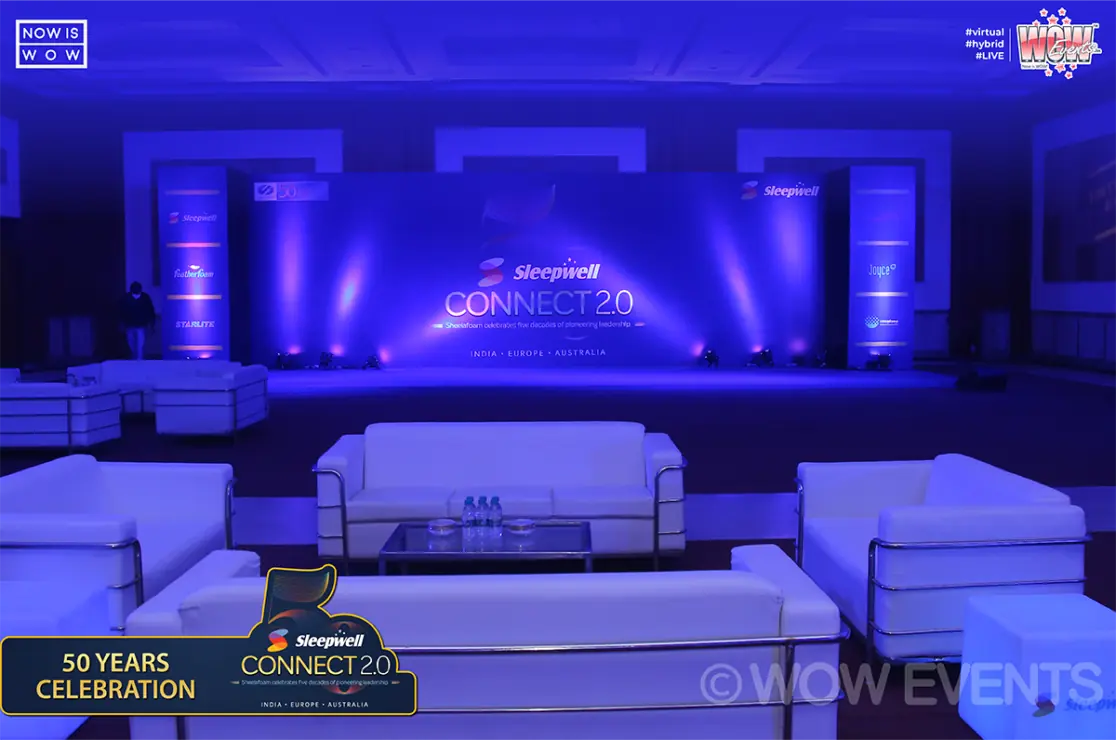 Blue-lit lounge area at the Sleepwell Connect 2.0 meet