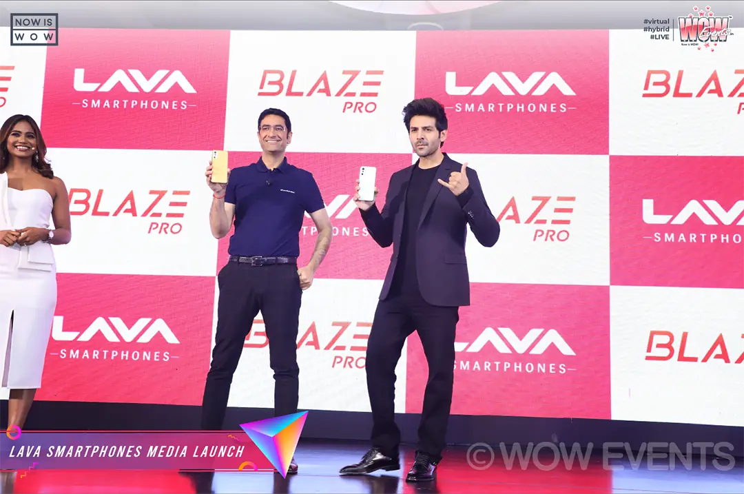 Kartik Aaryan with a Lava executive on the Blaze Pro stage