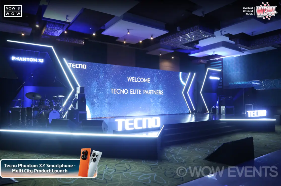 Tecno Phantom X2 launch stage with Welcome Tecno Elite Partners screen