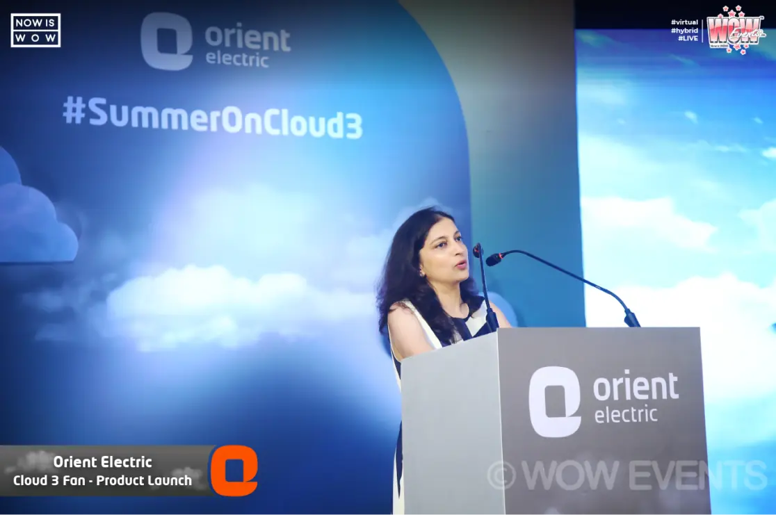 Host at the Orient Electric podium at the Cloud 3 fan launch