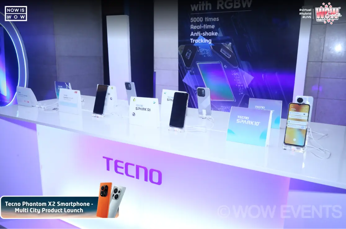 Tecno smartphones on a white display counter