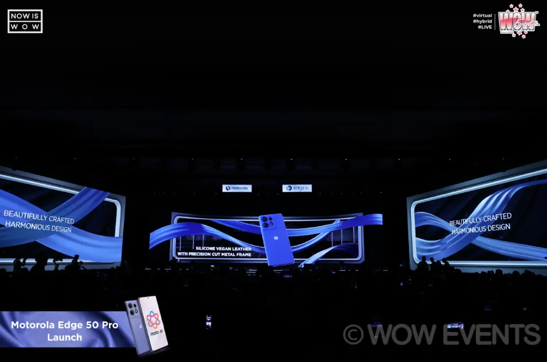 Motorola Edge 50 Pro launch stage with curved LED screens