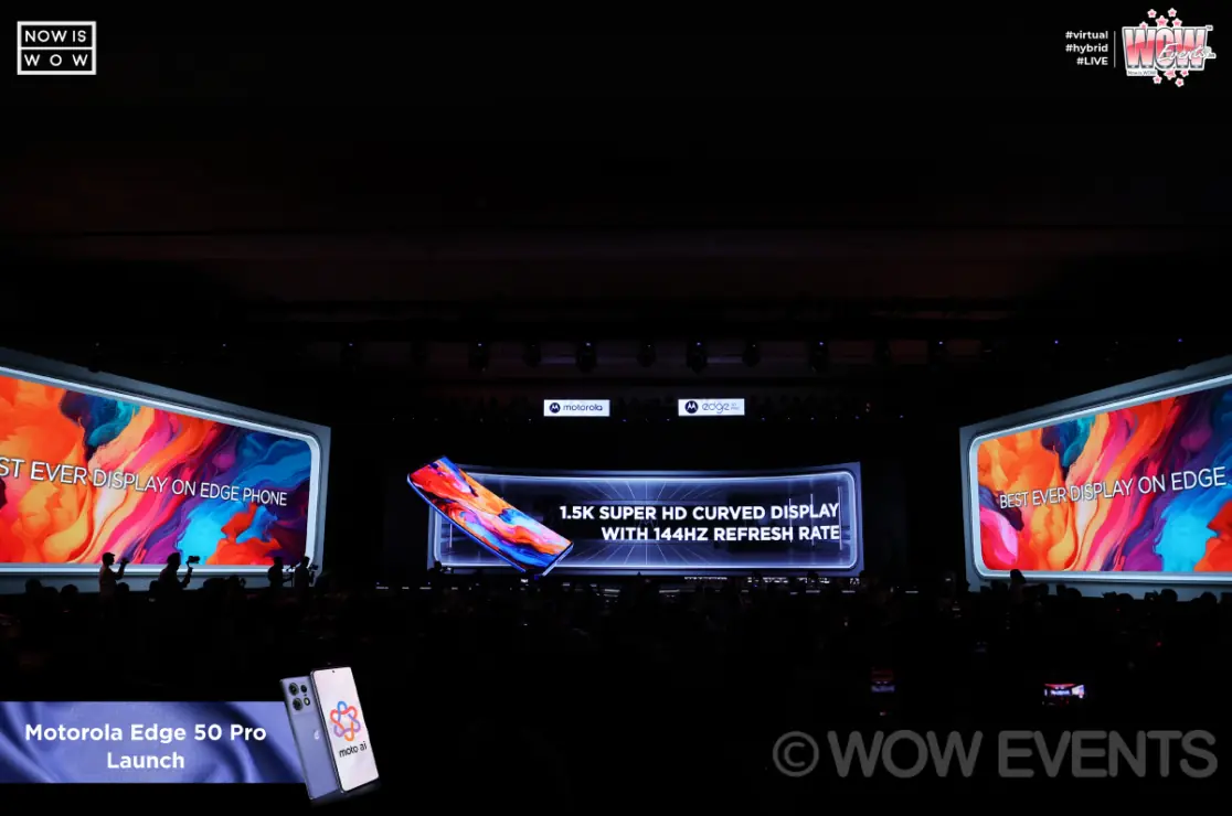 Stage screens showcasing the Motorola Edge 50 Pro curved display