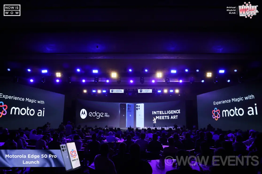Motorola Edge 50 Pro launch stage with moto ai screens
