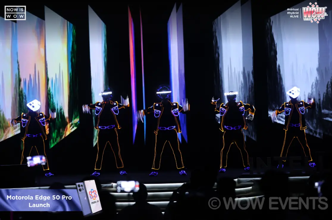 LED-suited dancers performing at the Motorola Edge 50 Pro launch
