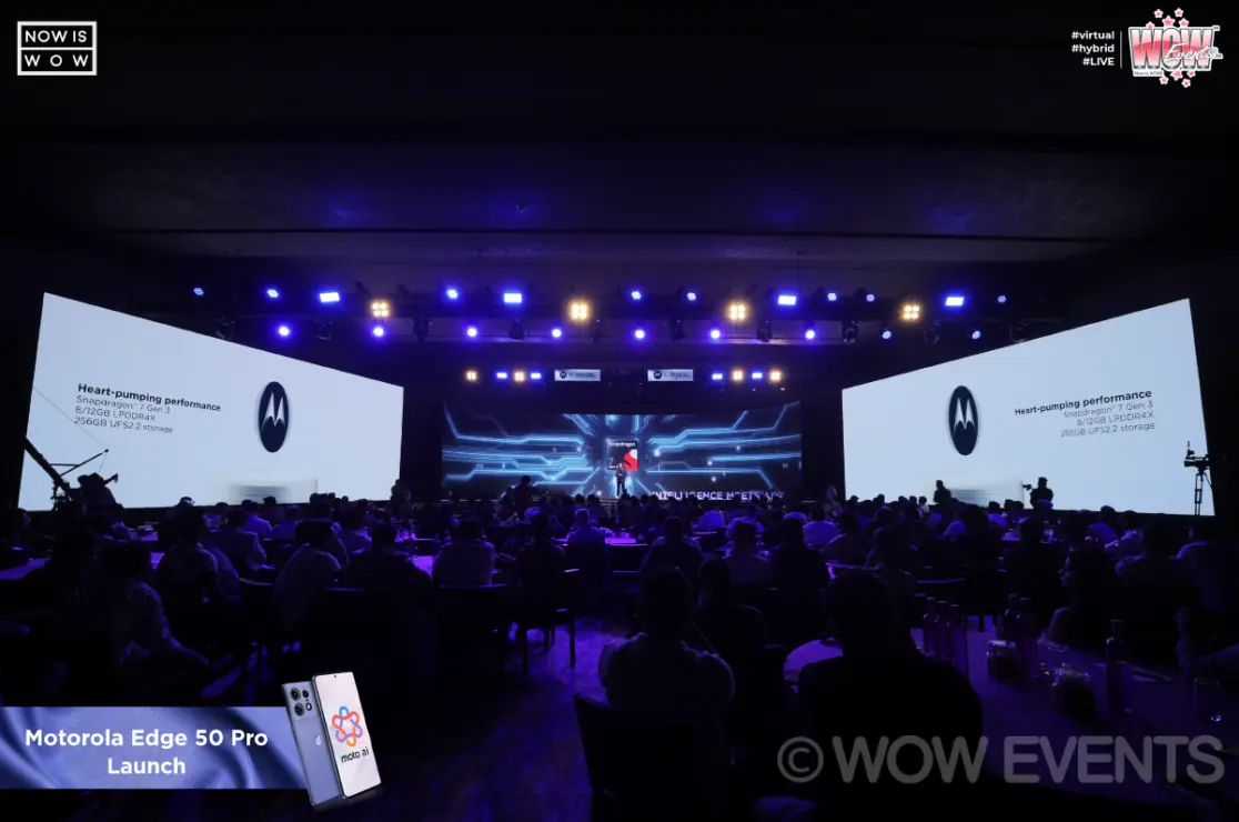 Motorola Edge 50 Pro launch hall with stage screens