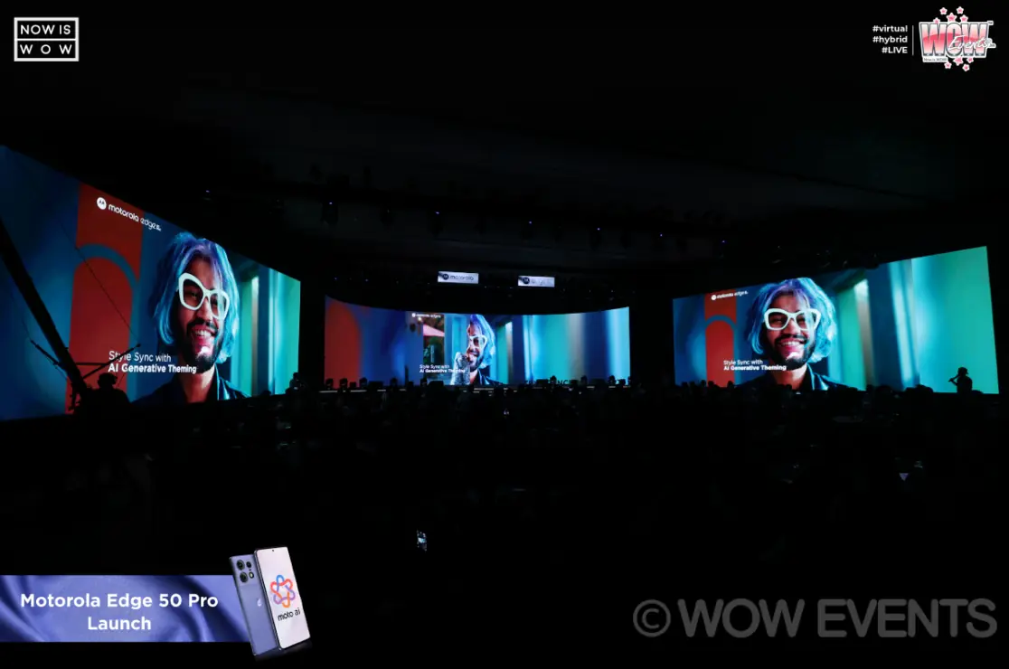 Motorola Edge 50 Pro launch stage with large display screens