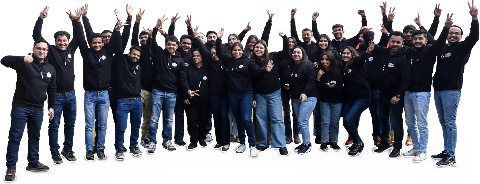 WOW Events team members cheering together in black jackets