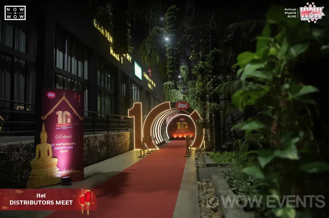 itel 10th anniversary illuminated entrance at night