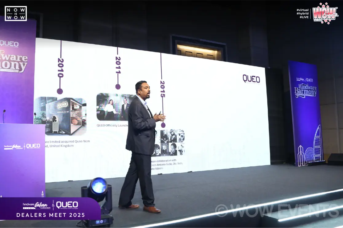 Hindware Queo dealers meet 2026 speaker on stage