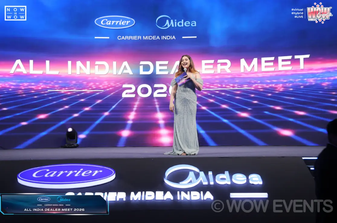 Host on stage at Carrier Midea All India Dealer Meet 2026