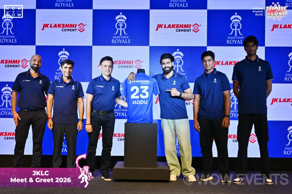 JK Lakshmi Cement meet and greet 2026, team in jerseys on stage