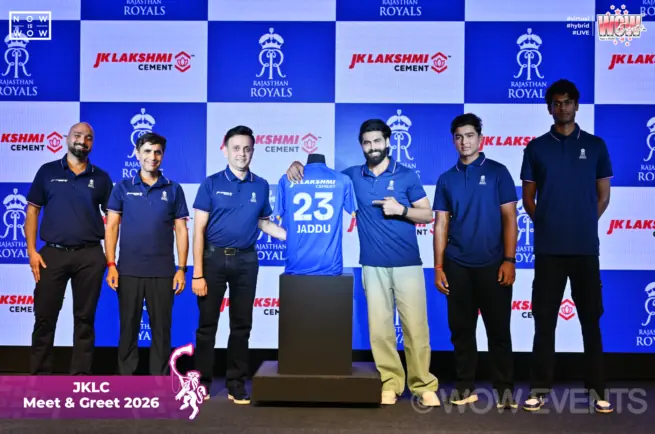 JK Lakshmi Cement meet and greet 2026, team in jerseys on stage