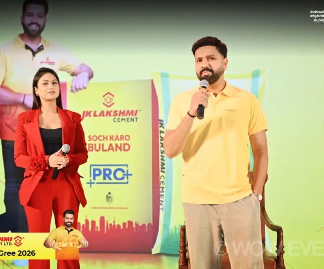 JK Lakshmi Cement meet and greet, cricketer speaking on stage