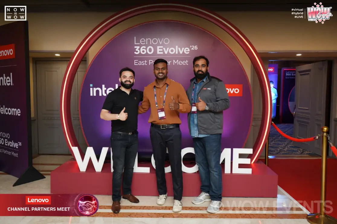 Guests at the Lenovo welcome arch with Intel branding