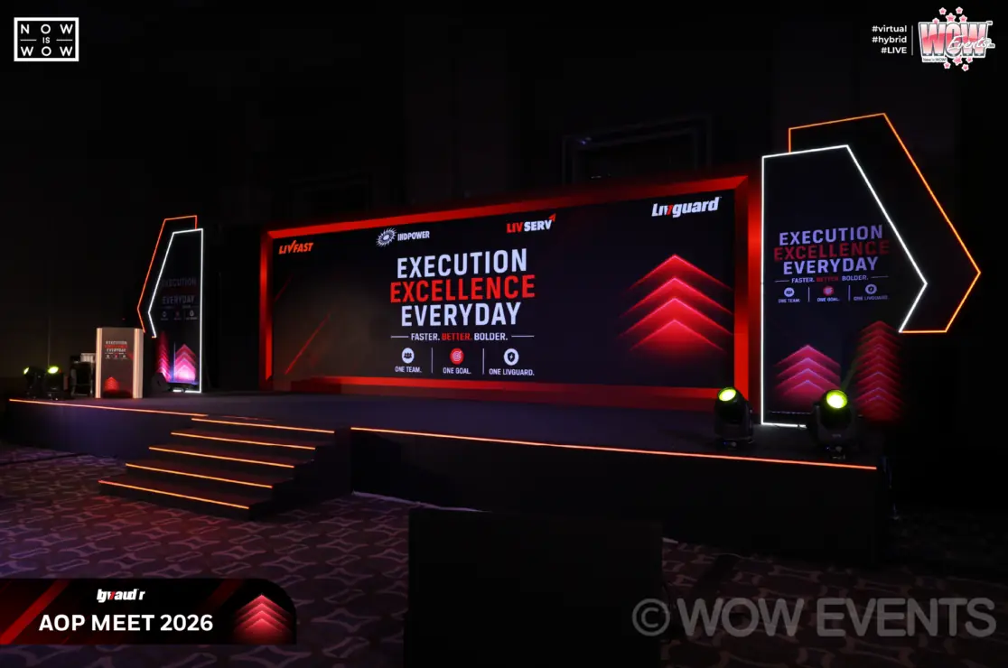 Livguard AOP Meet 2026 stage with Execution Excellence Everyday screens