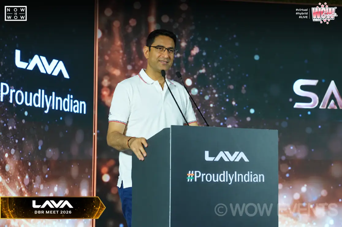 Lava executive speaking at a #ProudlyIndian podium